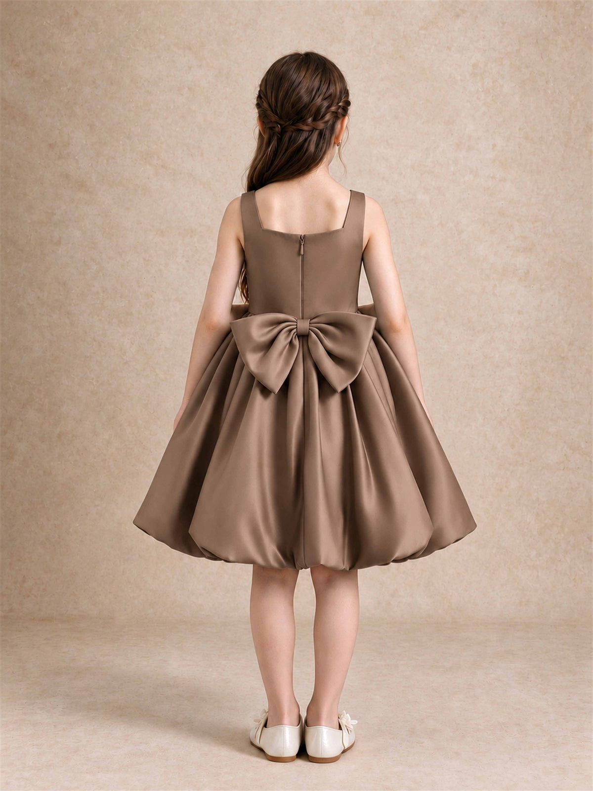 Satin Flower Girl Dress Square Neck 3D Floral Bubble Skirt with Big Bow for Wedding First Communion