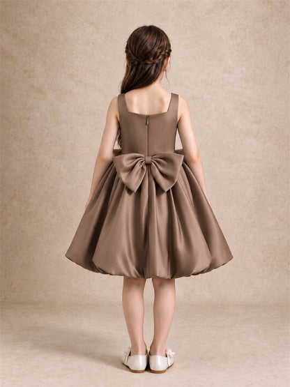 Satin Flower Girl Dress Square Neck 3D Floral Bubble Skirt with Big Bow for Wedding First Communion