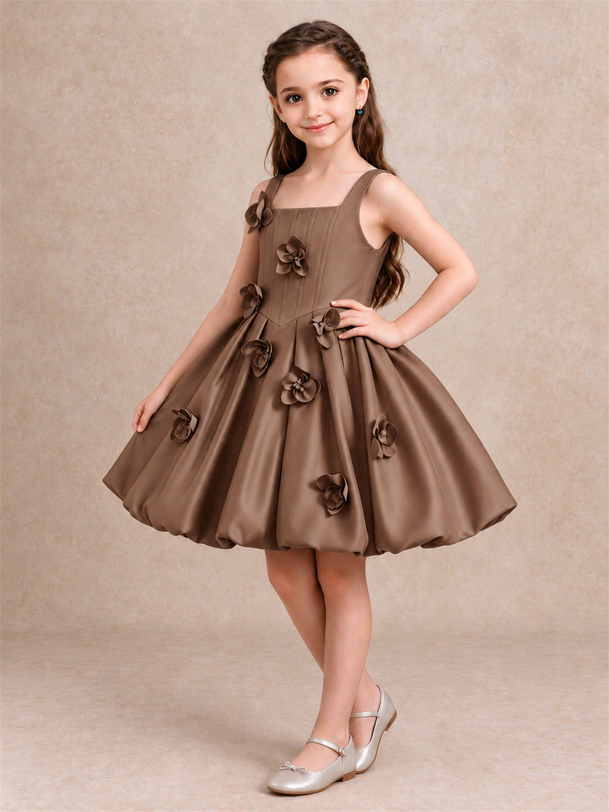 Satin Flower Girl Dress Square Neck 3D Floral Bubble Skirt with Big Bow for Wedding First Communion