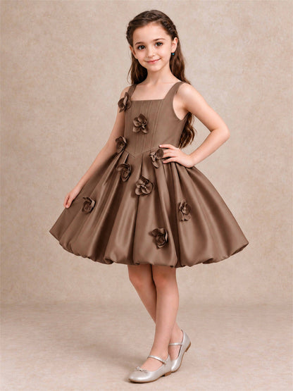 Satin Flower Girl Dress Square Neck 3D Floral Bubble Skirt with Big Bow for Wedding First Communion
