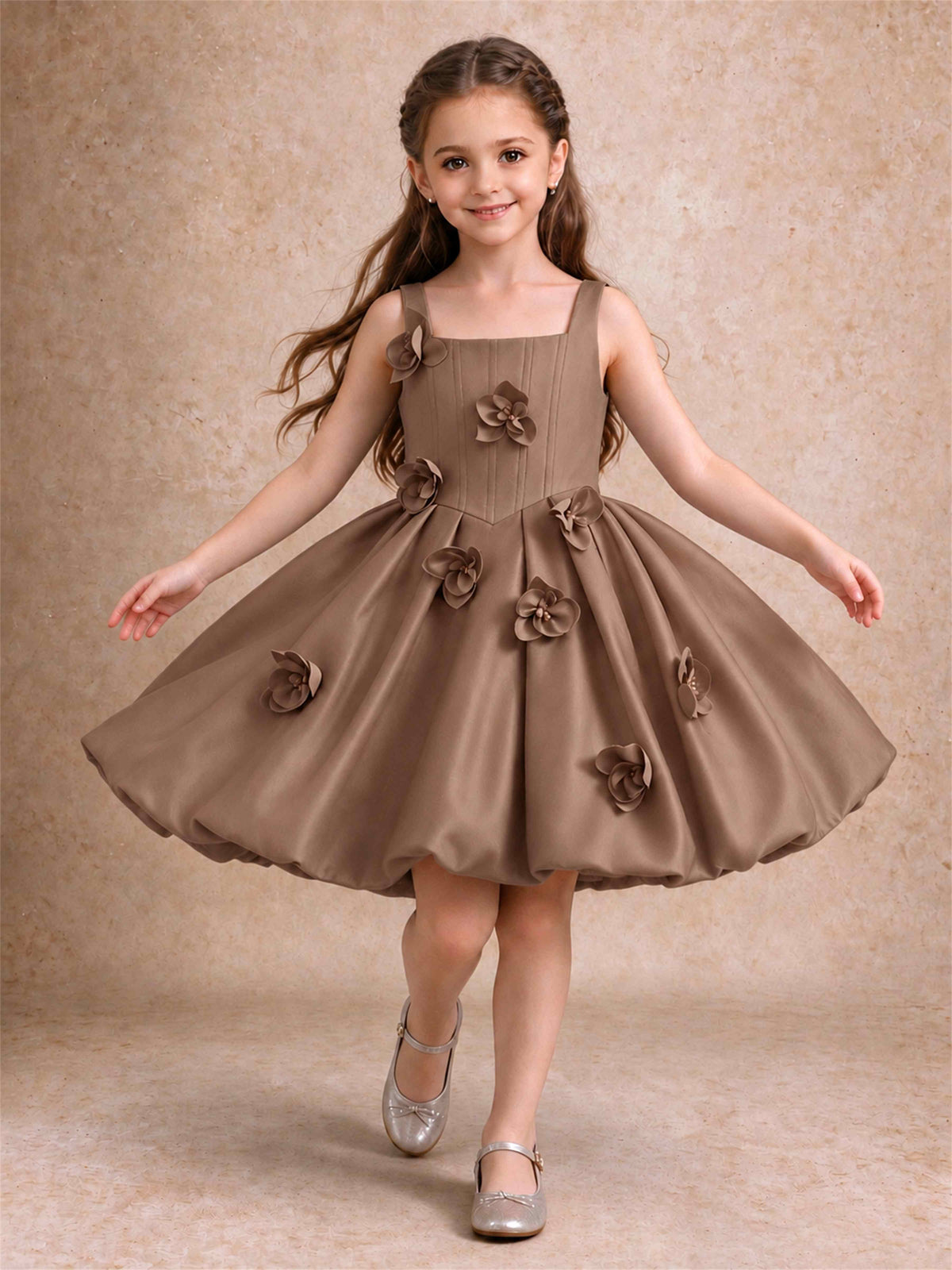 Satin Flower Girl Dress Square Neck 3D Floral Bubble Skirt with Big Bow for Wedding First Communion