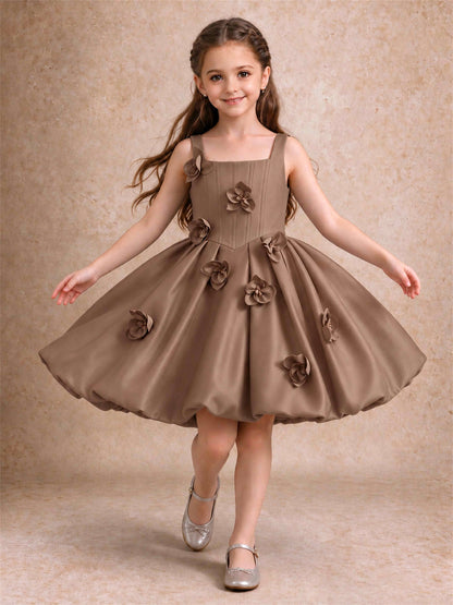 Satin Flower Girl Dress Square Neck 3D Floral Bubble Skirt with Big Bow for Wedding First Communion