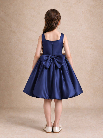 Satin Flower Girl Dress Square Neck 3D Floral Bubble Skirt with Big Bow for Wedding First Communion