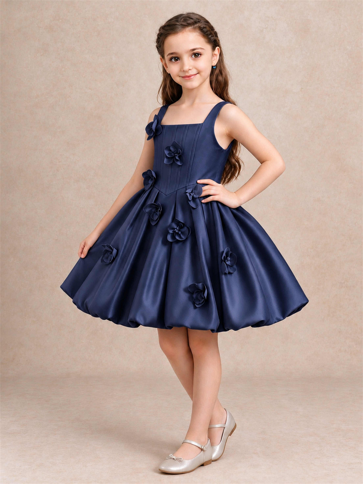 Satin Flower Girl Dress Square Neck 3D Floral Bubble Skirt with Big Bow for Wedding First Communion