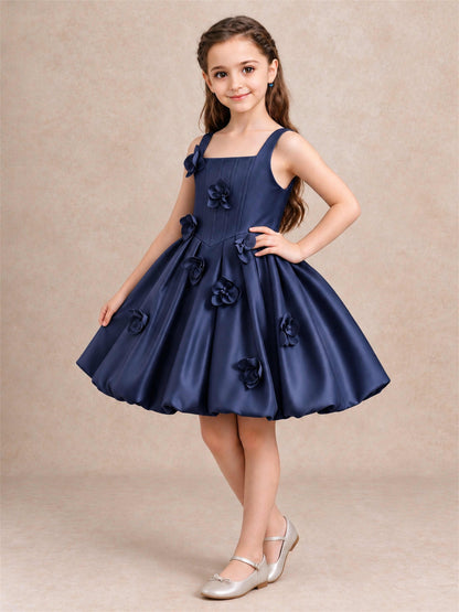 Satin Flower Girl Dress Square Neck 3D Floral Bubble Skirt with Big Bow for Wedding First Communion