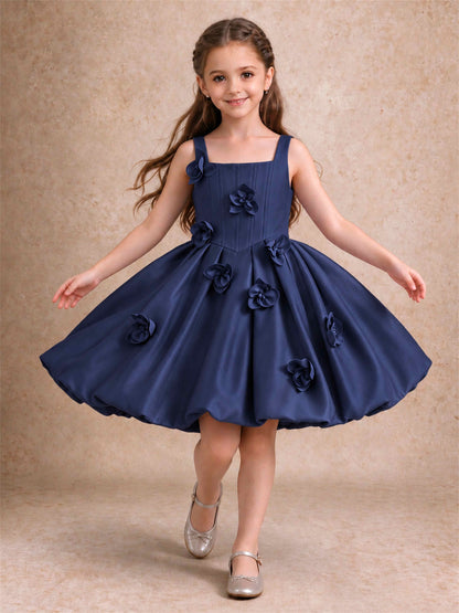 Satin Flower Girl Dress Square Neck 3D Floral Bubble Skirt with Big Bow for Wedding First Communion