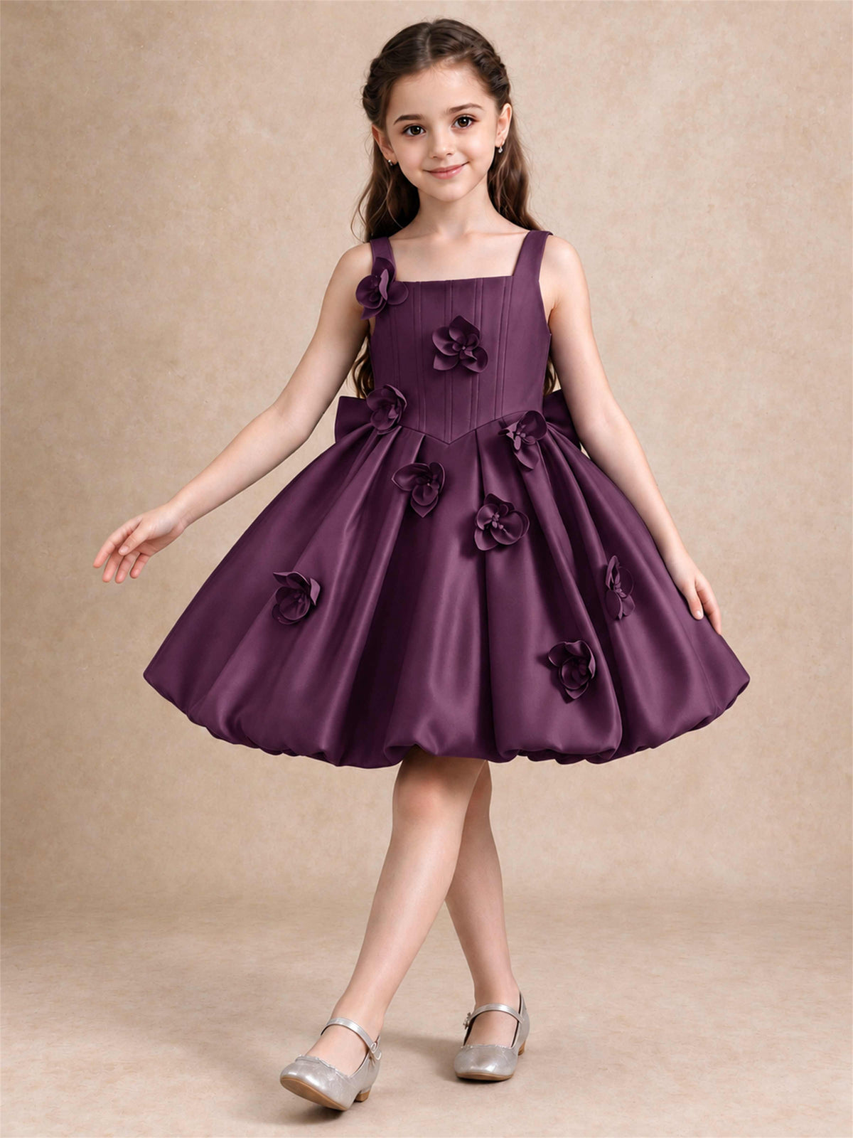 Satin Flower Girl Dress Square Neck 3D Floral Bubble Skirt with Big Bow for Wedding First Communion