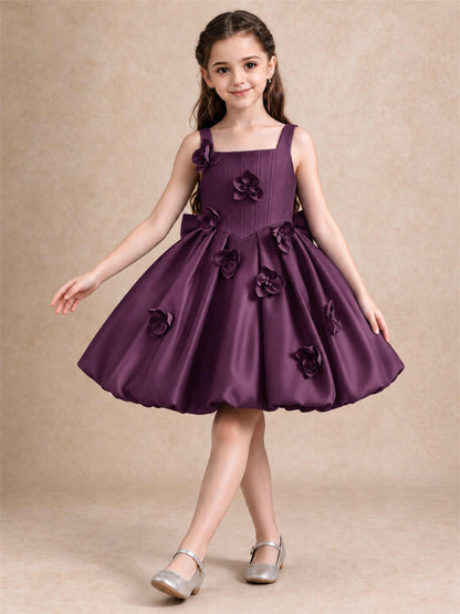 Satin Flower Girl Dress Square Neck 3D Floral Bubble Skirt with Big Bow for Wedding First Communion