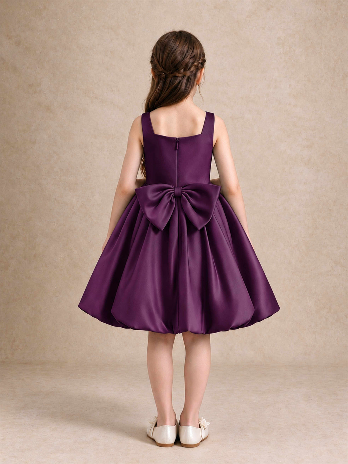 Satin Flower Girl Dress Square Neck 3D Floral Bubble Skirt with Big Bow for Wedding First Communion