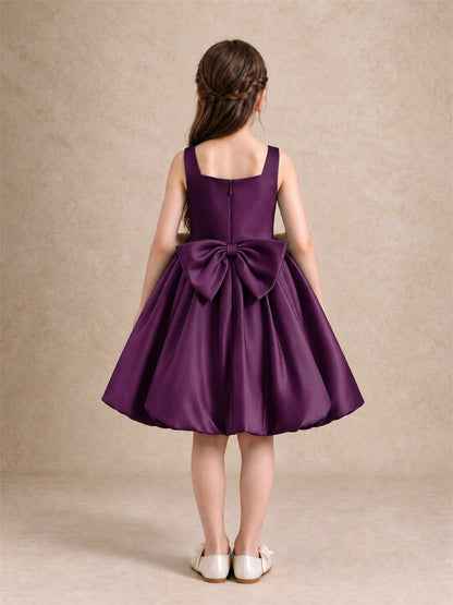 Satin Flower Girl Dress Square Neck 3D Floral Bubble Skirt with Big Bow for Wedding First Communion