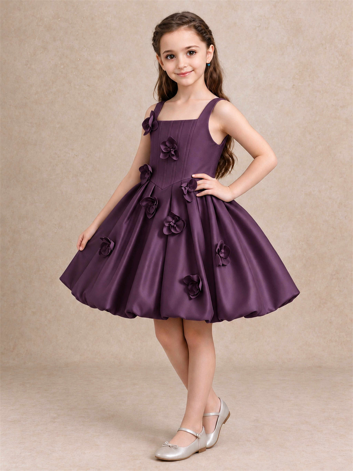 Satin Flower Girl Dress Square Neck 3D Floral Bubble Skirt with Big Bow for Wedding First Communion
