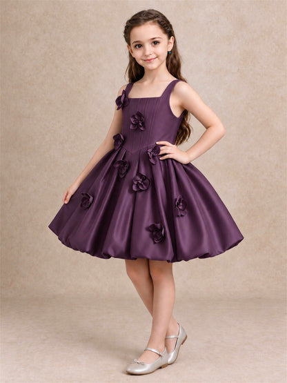Satin Flower Girl Dress Square Neck 3D Floral Bubble Skirt with Big Bow for Wedding First Communion