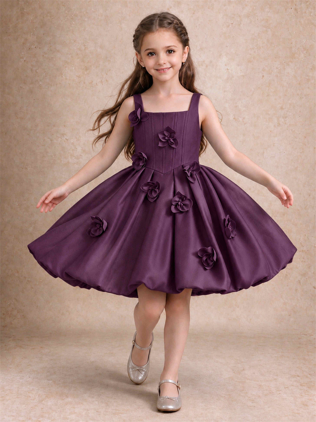 Satin Flower Girl Dress Square Neck 3D Floral Bubble Skirt with Big Bow for Wedding First Communion
