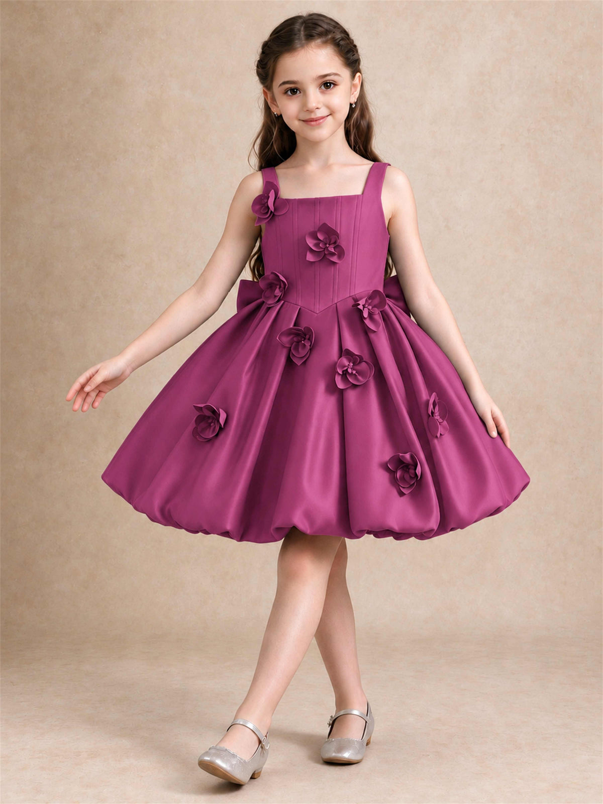 Satin Flower Girl Dress Square Neck 3D Floral Bubble Skirt with Big Bow for Wedding First Communion
