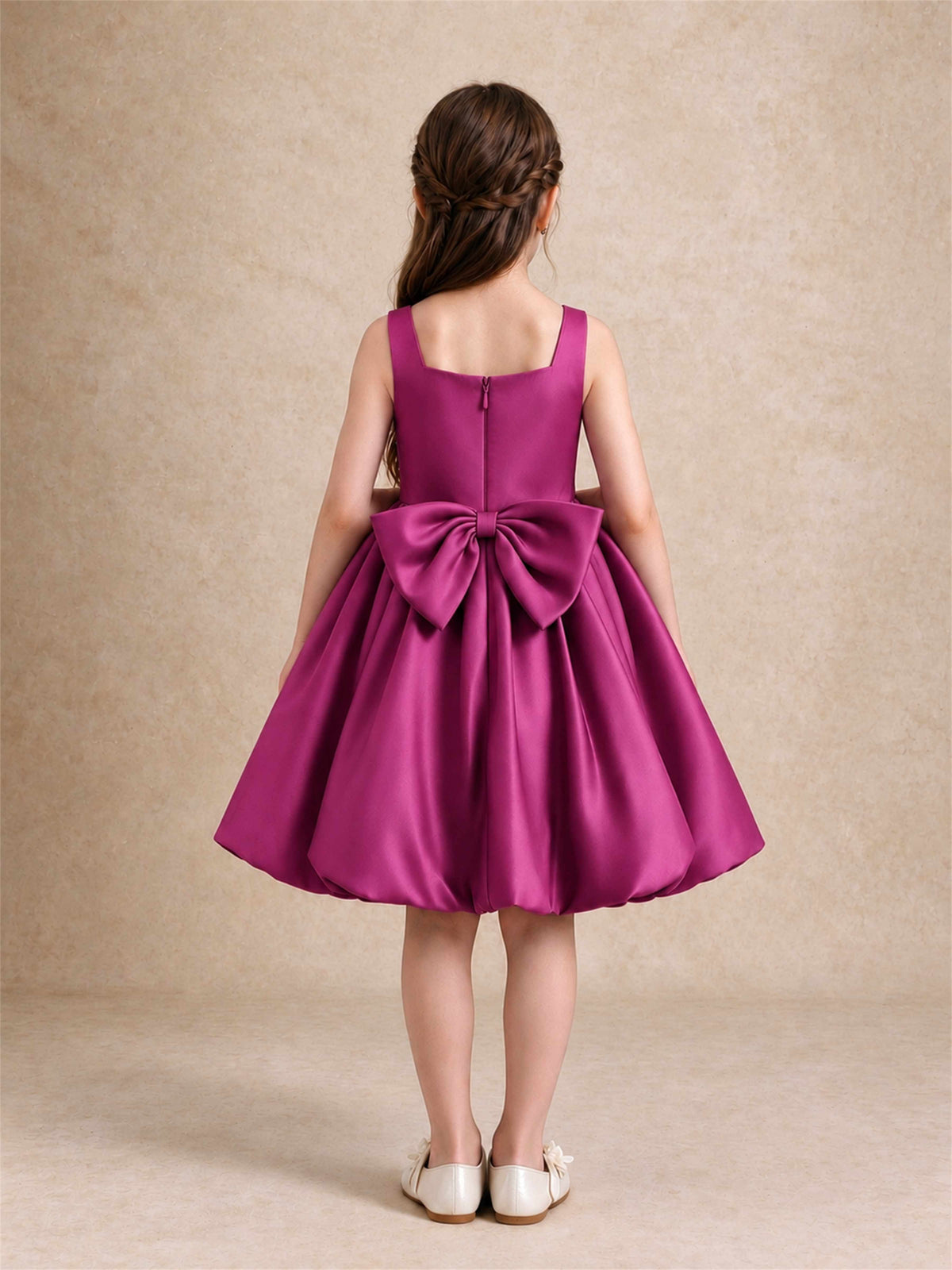 Satin Flower Girl Dress Square Neck 3D Floral Bubble Skirt with Big Bow for Wedding First Communion