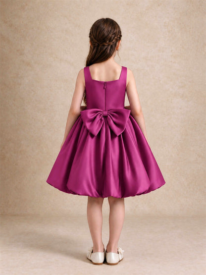 Satin Flower Girl Dress Square Neck 3D Floral Bubble Skirt with Big Bow for Wedding First Communion