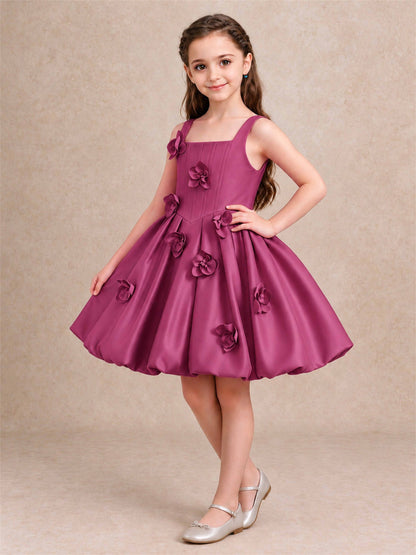 Satin Flower Girl Dress Square Neck 3D Floral Bubble Skirt with Big Bow for Wedding First Communion