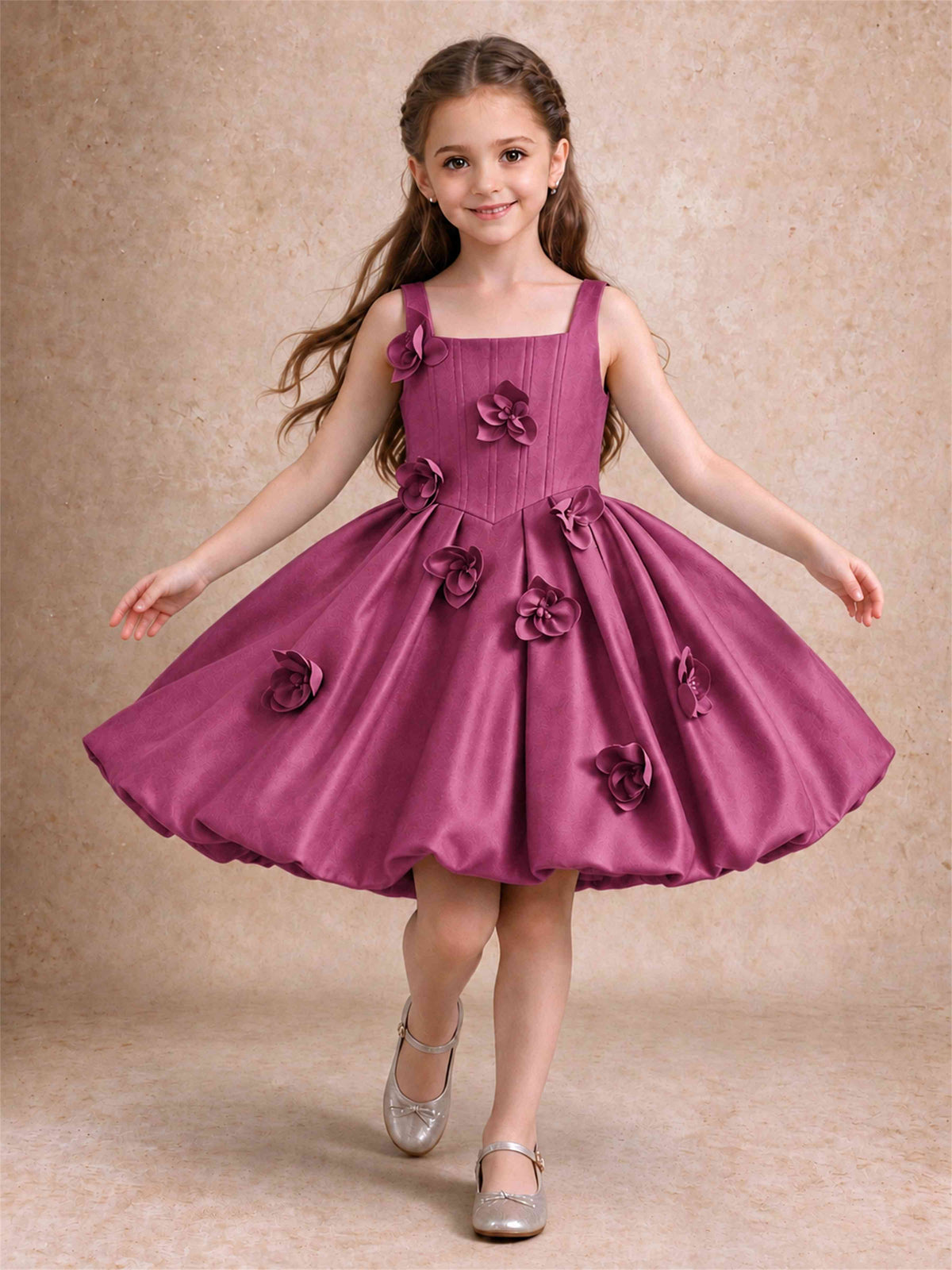 Satin Flower Girl Dress Square Neck 3D Floral Bubble Skirt with Big Bow for Wedding First Communion