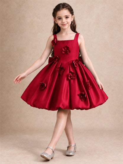 Satin Flower Girl Dress Square Neck 3D Floral Bubble Skirt with Big Bow for Wedding First Communion