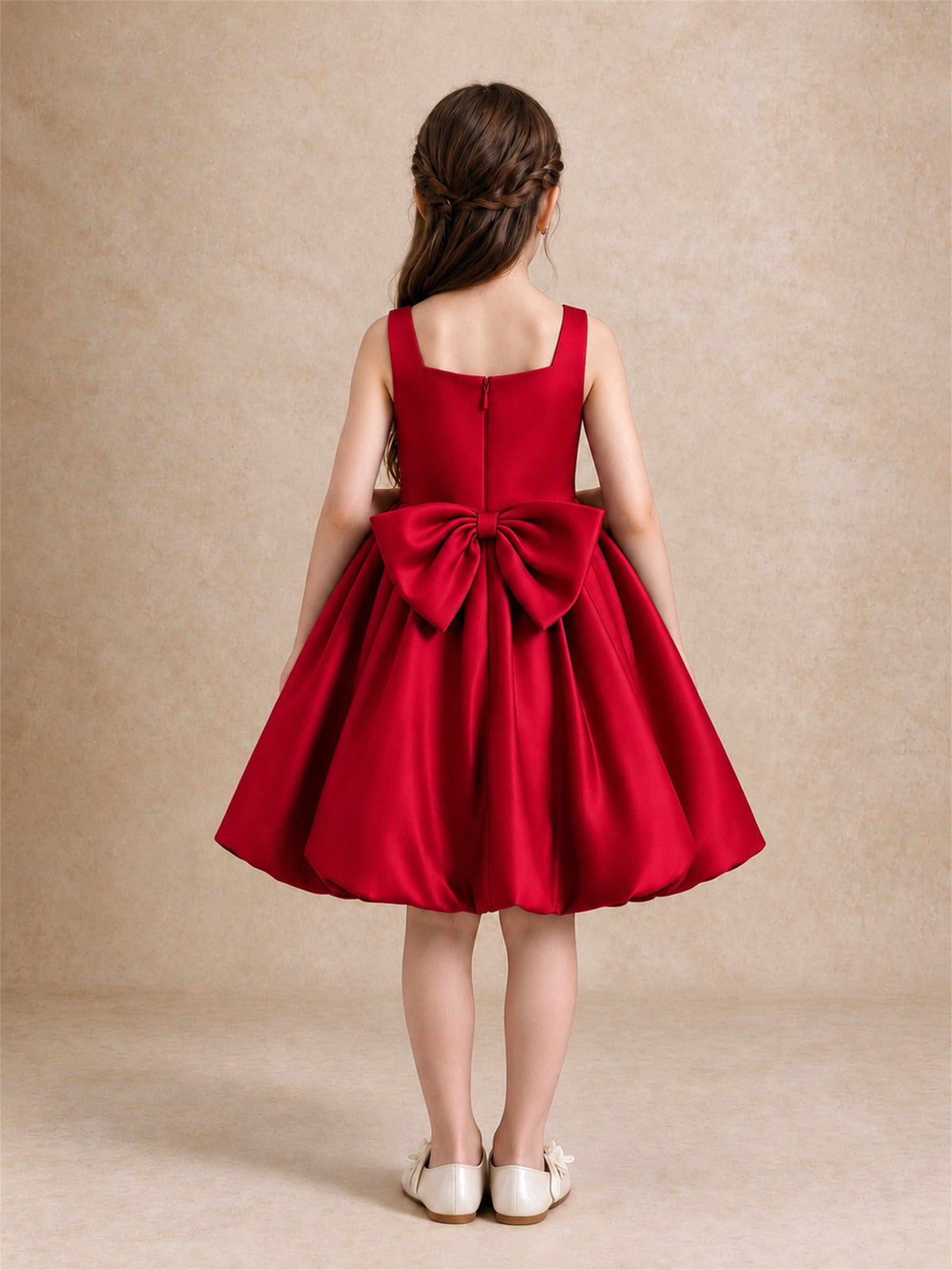 Satin Flower Girl Dress Square Neck 3D Floral Bubble Skirt with Big Bow for Wedding First Communion