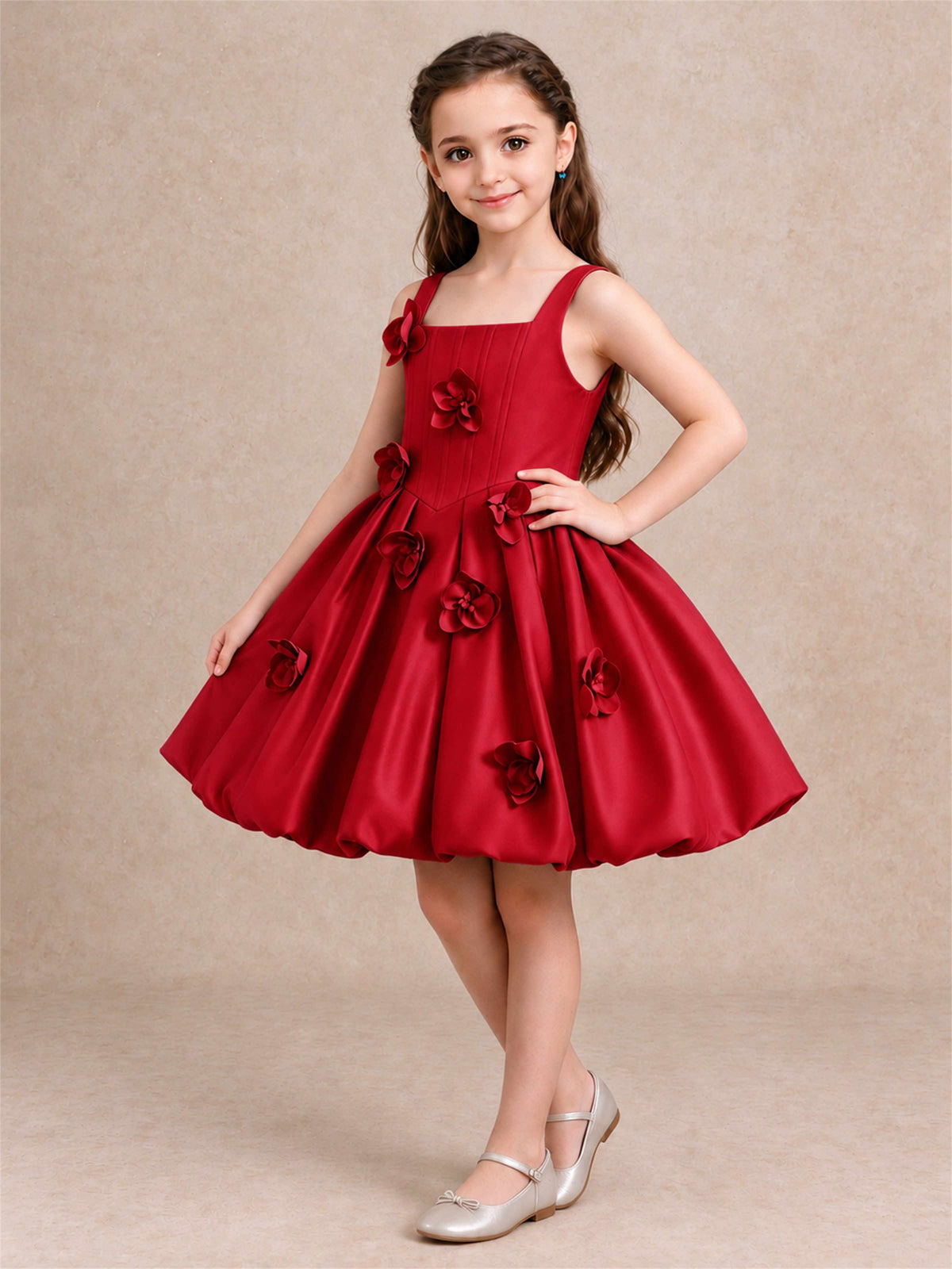 Satin Flower Girl Dress Square Neck 3D Floral Bubble Skirt with Big Bow for Wedding First Communion