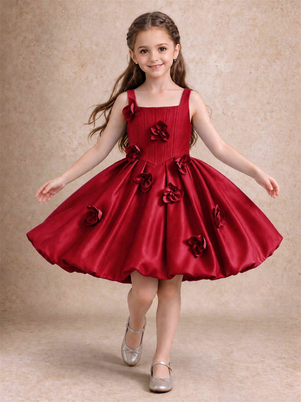 Satin Flower Girl Dress Square Neck 3D Floral Bubble Skirt with Big Bow for Wedding First Communion