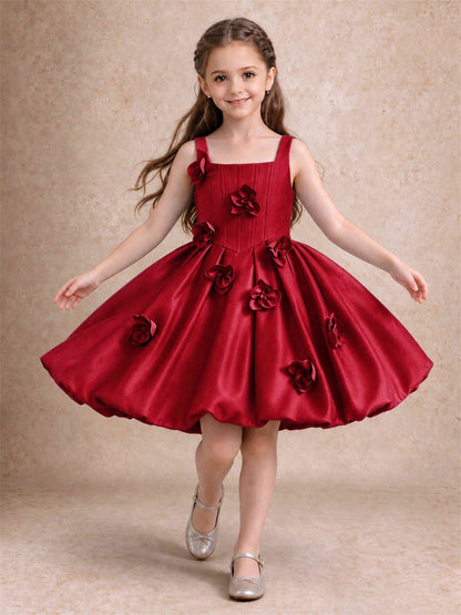 Satin Flower Girl Dress Square Neck 3D Floral Bubble Skirt with Big Bow for Wedding First Communion