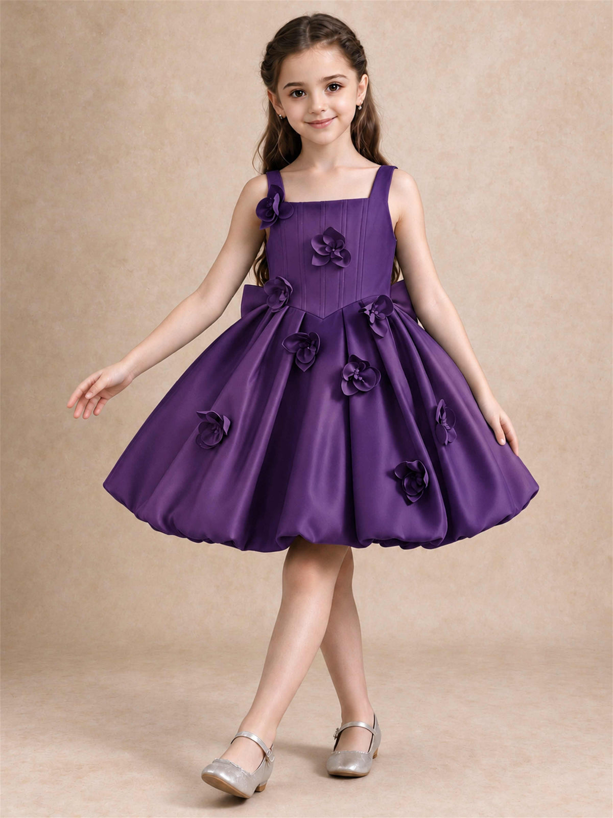 Satin Flower Girl Dress Square Neck 3D Floral Bubble Skirt with Big Bow for Wedding First Communion