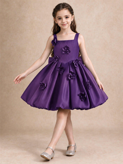 Satin Flower Girl Dress Square Neck 3D Floral Bubble Skirt with Big Bow for Wedding First Communion