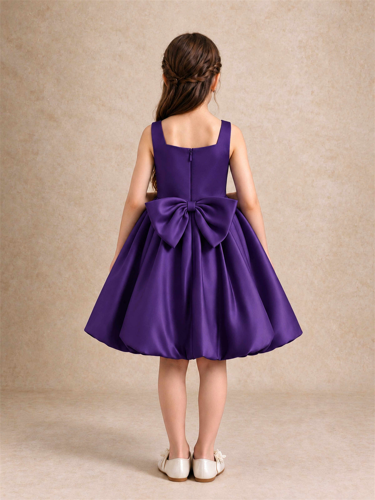 Satin Flower Girl Dress Square Neck 3D Floral Bubble Skirt with Big Bow for Wedding First Communion