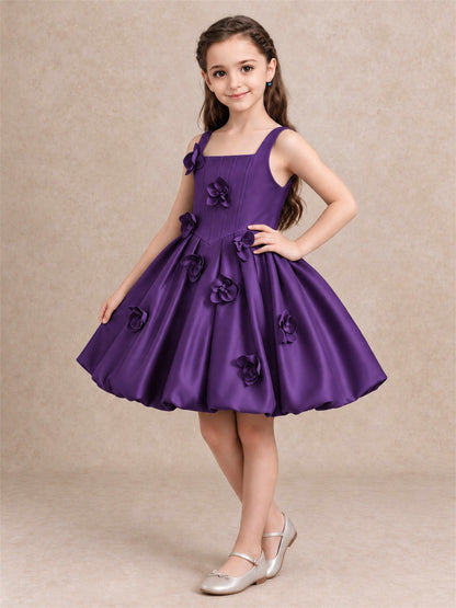 Satin Flower Girl Dress Square Neck 3D Floral Bubble Skirt with Big Bow for Wedding First Communion