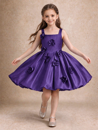 Satin Flower Girl Dress Square Neck 3D Floral Bubble Skirt with Big Bow for Wedding First Communion
