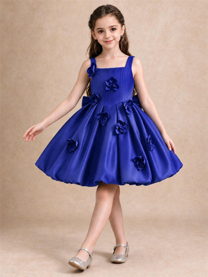 Satin Flower Girl Dress Square Neck 3D Floral Bubble Skirt with Big Bow for Wedding First Communion