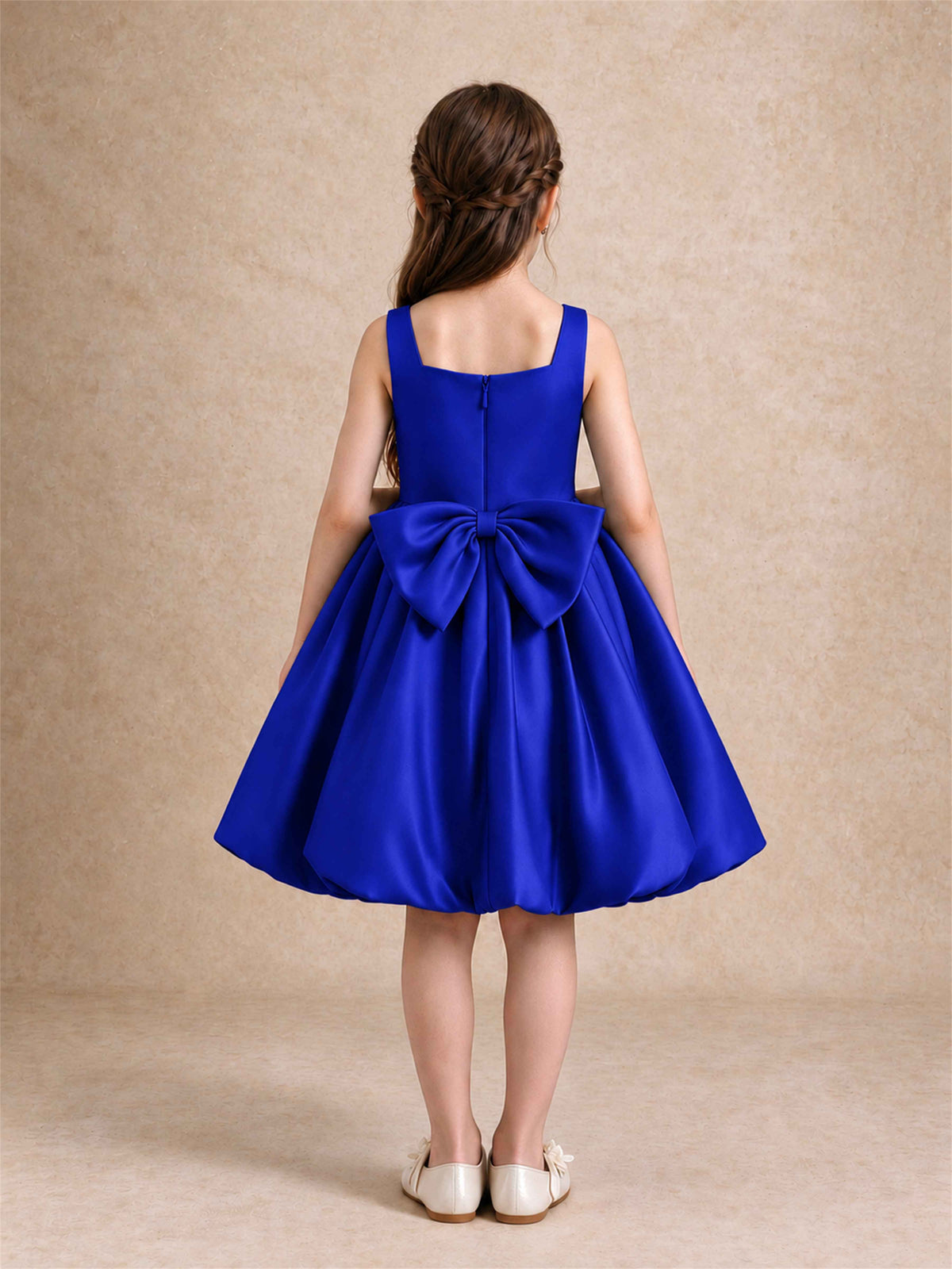 Satin Flower Girl Dress Square Neck 3D Floral Bubble Skirt with Big Bow for Wedding First Communion