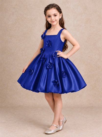 Satin Flower Girl Dress Square Neck 3D Floral Bubble Skirt with Big Bow for Wedding First Communion
