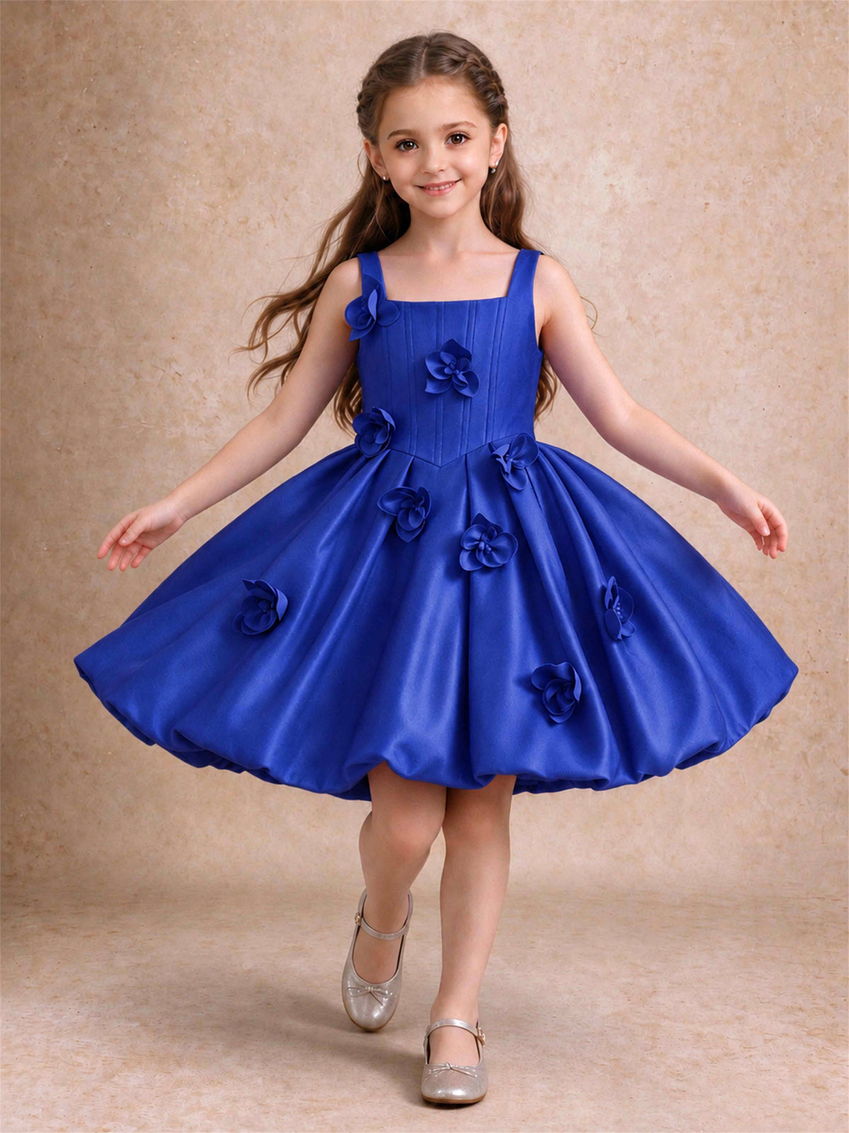 Satin Flower Girl Dress Square Neck 3D Floral Bubble Skirt with Big Bow for Wedding First Communion