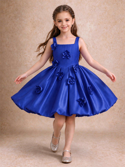 Satin Flower Girl Dress Square Neck 3D Floral Bubble Skirt with Big Bow for Wedding First Communion