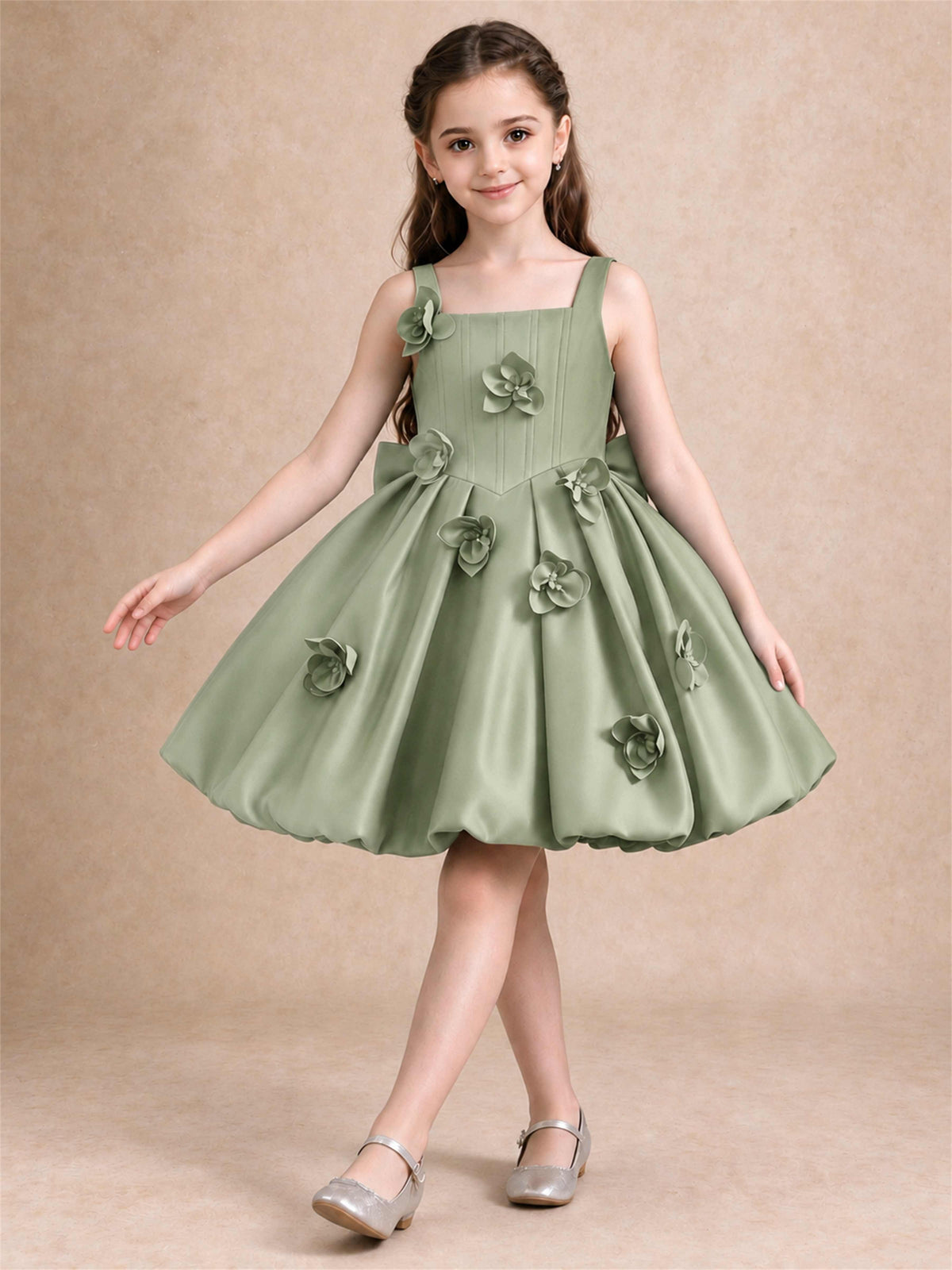 Satin Flower Girl Dress Square Neck 3D Floral Bubble Skirt with Big Bow for Wedding First Communion