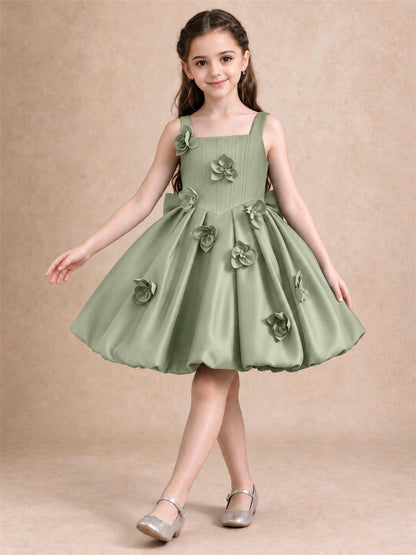 Satin Flower Girl Dress Square Neck 3D Floral Bubble Skirt with Big Bow for Wedding First Communion