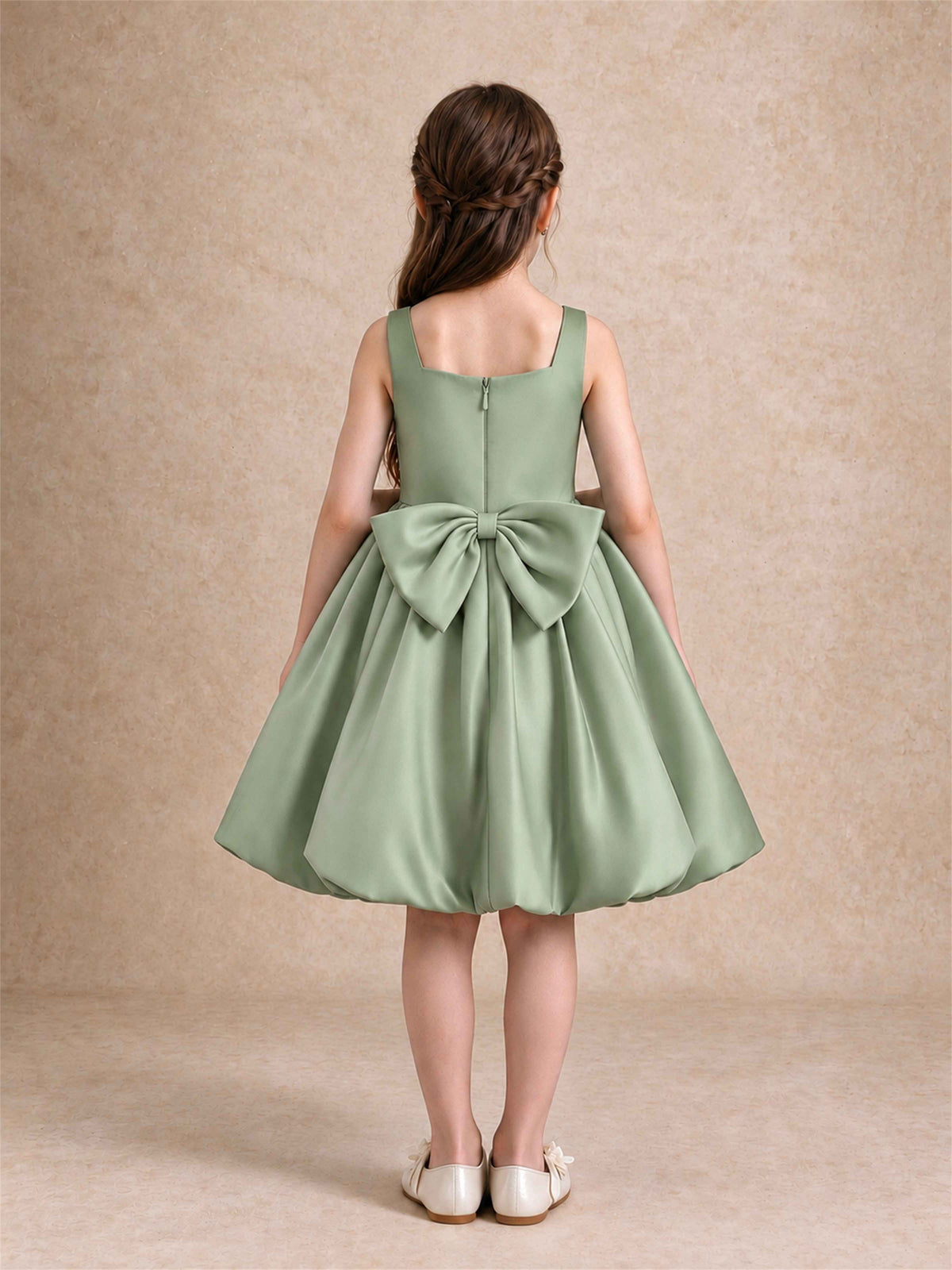 Satin Flower Girl Dress Square Neck 3D Floral Bubble Skirt with Big Bow for Wedding First Communion