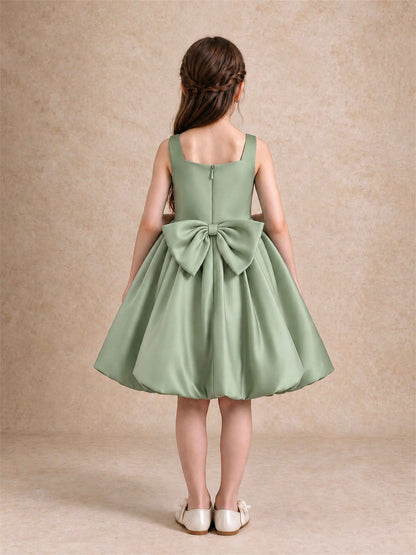 Satin Flower Girl Dress Square Neck 3D Floral Bubble Skirt with Big Bow for Wedding First Communion
