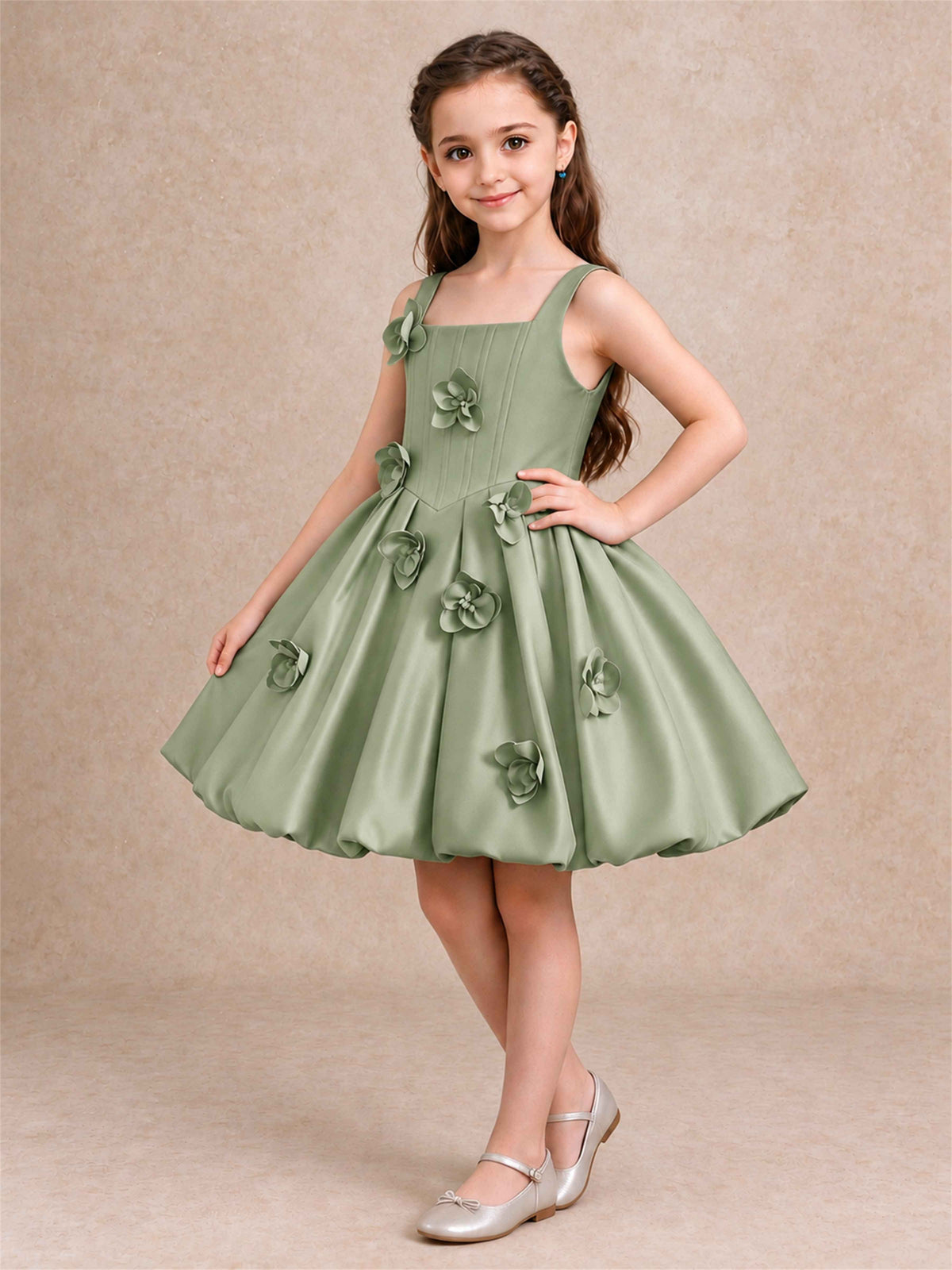 Satin Flower Girl Dress Square Neck 3D Floral Bubble Skirt with Big Bow for Wedding First Communion