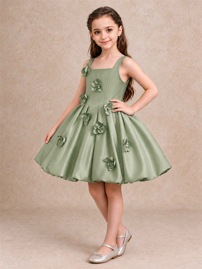 Satin Flower Girl Dress Square Neck 3D Floral Bubble Skirt with Big Bow for Wedding First Communion