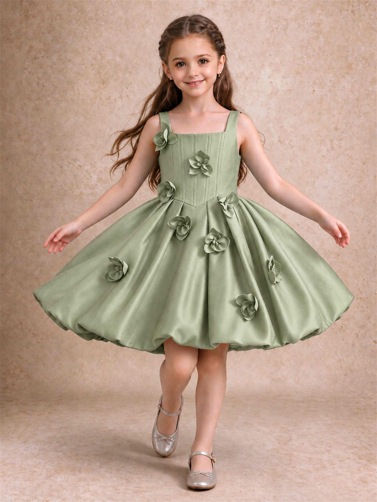 Satin Flower Girl Dress Square Neck 3D Floral Bubble Skirt with Big Bow for Wedding First Communion
