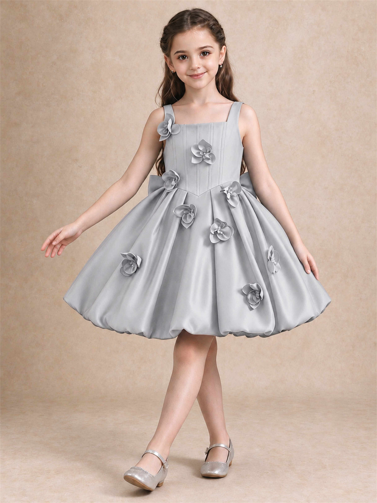 Satin Flower Girl Dress Square Neck 3D Floral Bubble Skirt with Big Bow for Wedding First Communion
