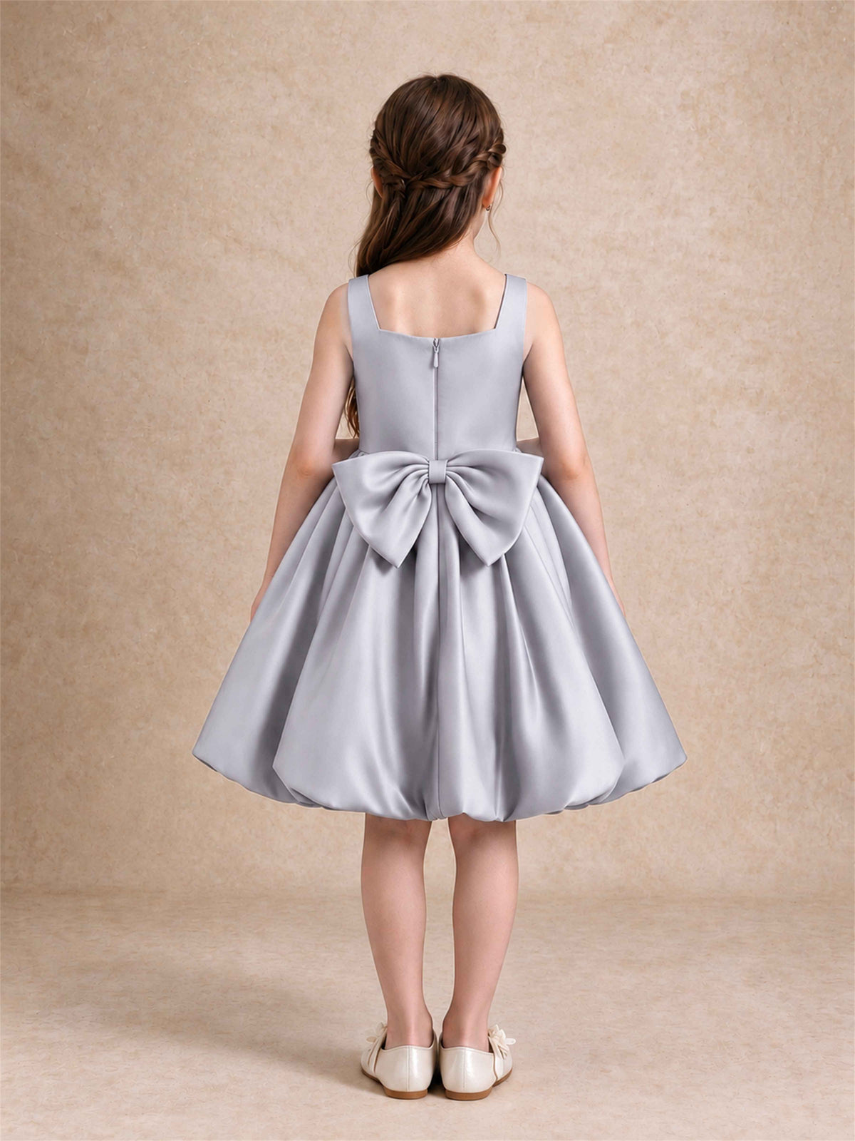 Satin Flower Girl Dress Square Neck 3D Floral Bubble Skirt with Big Bow for Wedding First Communion