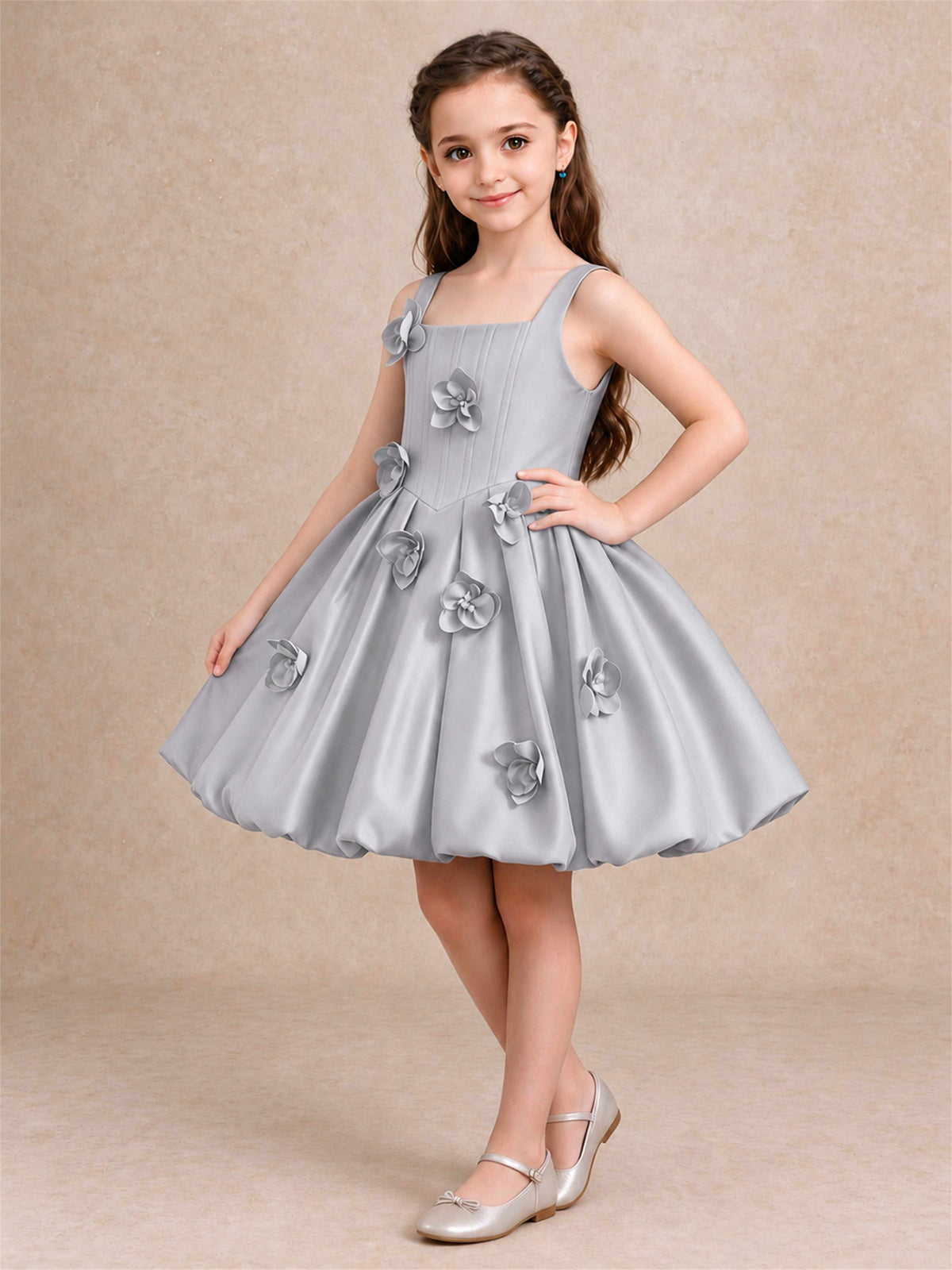 Satin Flower Girl Dress Square Neck 3D Floral Bubble Skirt with Big Bow for Wedding First Communion