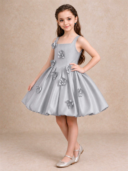 Satin Flower Girl Dress Square Neck 3D Floral Bubble Skirt with Big Bow for Wedding First Communion