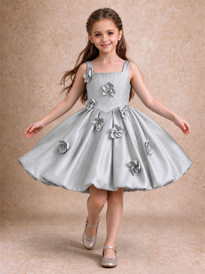 Satin Flower Girl Dress Square Neck 3D Floral Bubble Skirt with Big Bow for Wedding First Communion