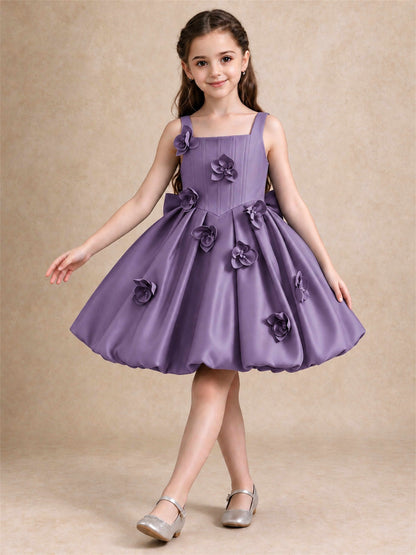 Satin Flower Girl Dress Square Neck 3D Floral Bubble Skirt with Big Bow for Wedding First Communion